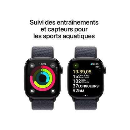 Apple Watch Series 10 (42 mm GPS + Cellular) Montre connectée avec Boîtier en Aluminium Noir de Jais et Bouchle Sport Encre Violette. Suivi de l’activité Physique, app ECG, Neutre en Carbone