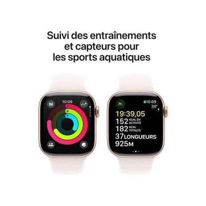 Apple Watch Series 10 (42 mm GPS) Montre connectée avec Boîtier en Aluminium Or Rose et Bracelet Sport Rose Tendre (S/M). Suivi de l’activité Physique, app ECG, écran Retina Toujours activé