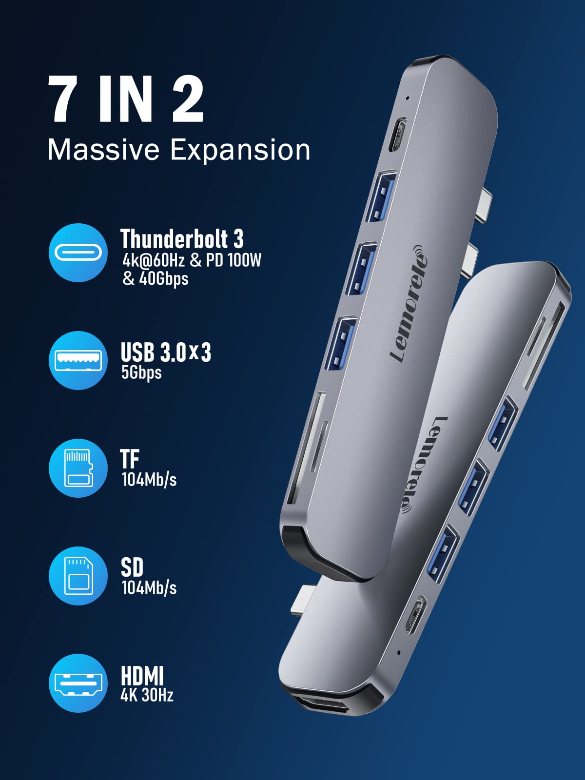 Lemorele Adaptateur USB C Multiport Hub 7 en 2 avec Thunderbolt 3, 3*USB 3.0, HDMI 4K, 100W PD, Port SD/TF, Hub USB C pour MacBook Pro/Air M1 M2 2022 2021 2020 2019 2018...(Conçu pour MacBook)