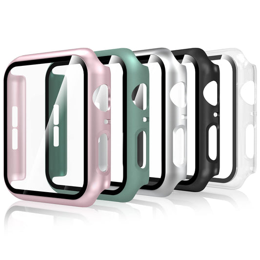 Bigqin 5 Pièces Coque Compatible avec Apple Watch Series 6/5/4 SE 40mm, Film Protection d'écran Trempé Coque, Protection Complète Anti-rayures,Transparent, Noir, Argent, Rose, Officiel