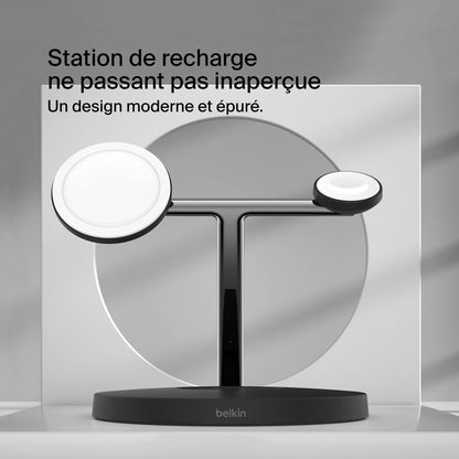 Belkin Chargeur magnétique 3-en-1 MagSafe, 15 W, chargeur sans fil, recharge rapide d'iPhone, d'Apple Watch et d'AirPods, chargeur MagSafe sans fil pour iPhone 16, 15, 14, 13, Apple Watch et AirPods