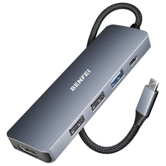 BENFEI Hub USB C HDMI 4K avec 100W Alimenté, 1*USB-A 3.2 Gen2 10Gbps, 2*USB-A 2.0, Câble en Silicone et Design tissé, Compatible avec MacBook Pro/Air, iPad Pro, iMac, iPhone 16 15 Pro Max, XPS