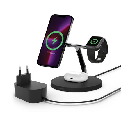 Belkin Chargeur magnétique 3-en-1 MagSafe, 15 W, chargeur sans fil, recharge rapide d'iPhone, d'Apple Watch et d'AirPods, chargeur MagSafe sans fil pour iPhone 16, 15, 14, 13, Apple Watch et AirPods