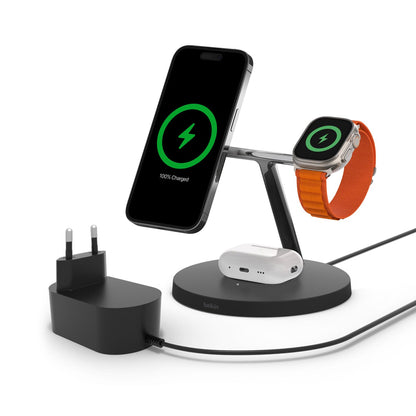 Belkin Chargeur magnétique 3-en-1 MagSafe, 15 W, chargeur sans fil, recharge rapide d'iPhone, d'Apple Watch et d'AirPods, chargeur MagSafe sans fil pour iPhone 16, 15, 14, 13, Apple Watch et AirPods