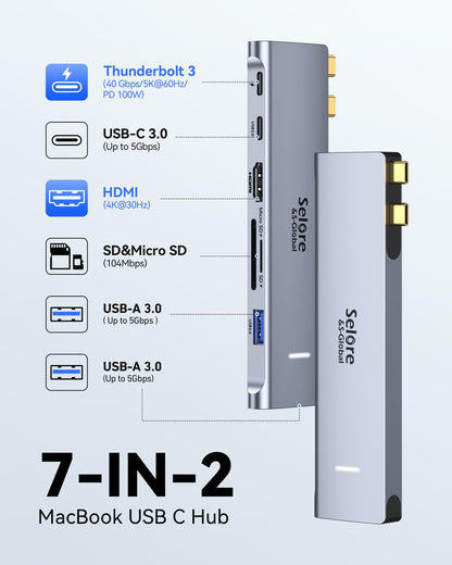 Adaptateur Macbook Pro/Air Hub USB C 7 en 2 avec 4K HDMI, Thunderbolt 3 et USB-C 100W, 2 USB 3.0, USB C 3.0, Lecture de Carte SD/TF, Adaptateur Mac pour MacBook Pro 2022-2016 MacBook Air 2022-2016