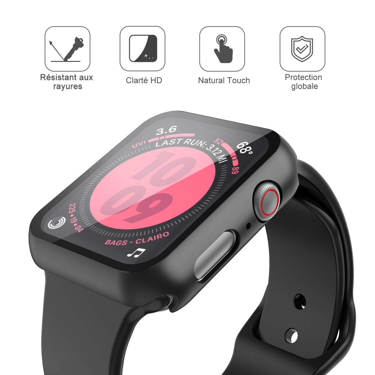 Recata Noir PC Coque Compatible avec Apple Watch Serie 6 Se Series 5 Série 4 44mm, Protection écran Ultra Mince [Couverture Complète] Verre trempé- Noir