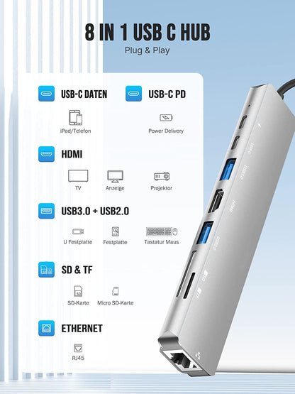 Hub USB C, 8-en-1 Adaptateur Hub USB-C vers Dual HDMI 4K,Gigabit Ethernet,USB 3.0/2.0,100W PD,USB-C Data,SD/TF Compatible avec Steam Deck MacBook Pro Air M2 M1 ChromeBook, Switch, Surface etc