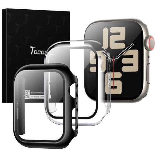 TOCOL 2 Pièces Coque pour Apple Watch Series SE/6/5/4 40mm，Protection Apple Watch Series SE/6/5/4 40mm HD Clear Case de Protection en Verre Trempé Intégré - Noir/Transparent