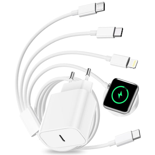 4 en 1 Chargeur Apple Watch pour iWatch 9/8/7/6/5/4/3/SE, 1.2M Cable Apple Watch Chargeur Montre Apple Watch Chargeur iWatch avec 20W Chargeur USB C Rapide pour iPhone 16/15/14/13//12/Airpods/Samsung