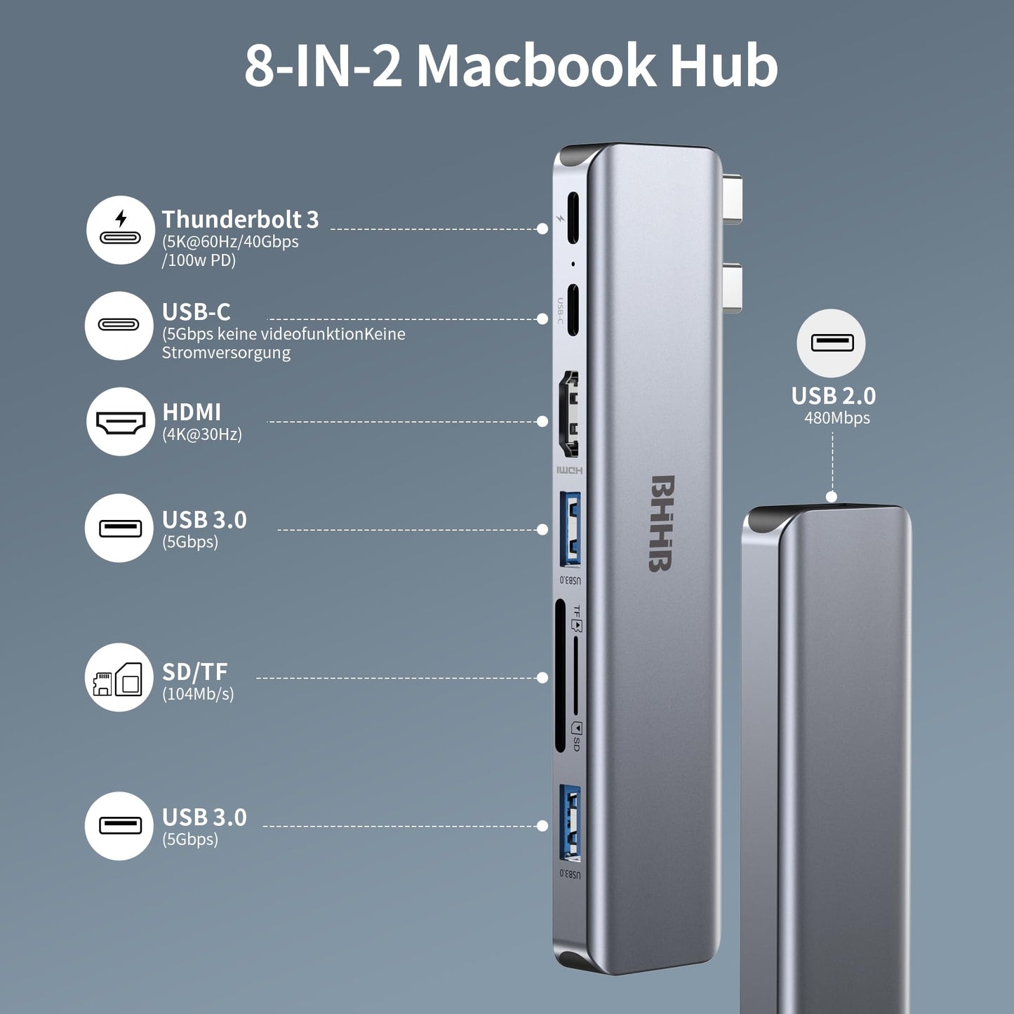 BHHB M81 Hub USB C, Adaptateur pour MacBook Pro Air 8 en 2 Adaptateur pour Mac avec 4K HDMI, 100W 40Gbps Thunderbolt, USB-C, USB 3.0, USB 2.0, Port SD/TF, USBC Dock pour M3 M2 M1 2024 2023 2022 2021