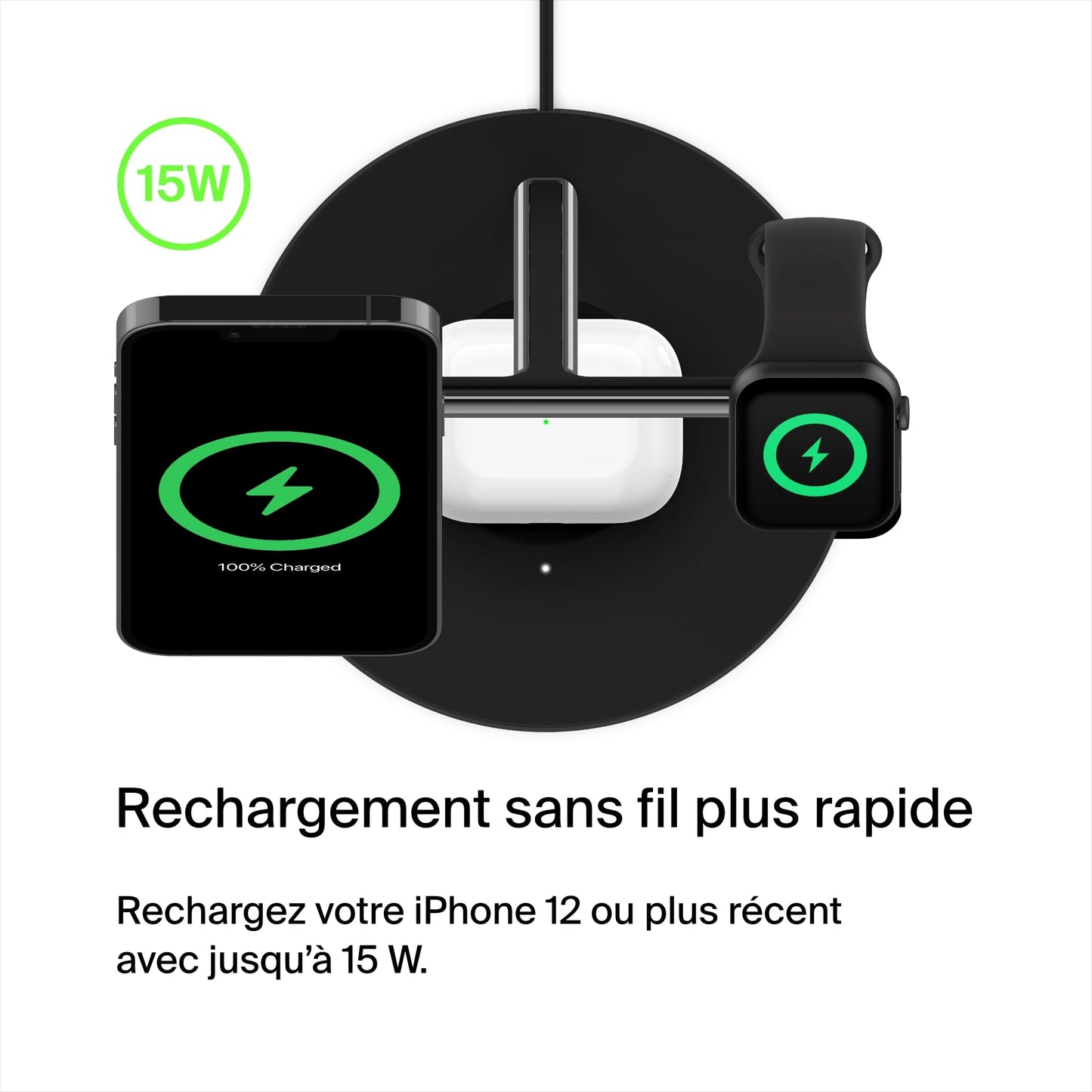 Belkin Chargeur magnétique 3-en-1 MagSafe, 15 W, chargeur sans fil, recharge rapide d'iPhone, d'Apple Watch et d'AirPods, chargeur MagSafe sans fil pour iPhone 16, 15, 14, 13, Apple Watch et AirPods