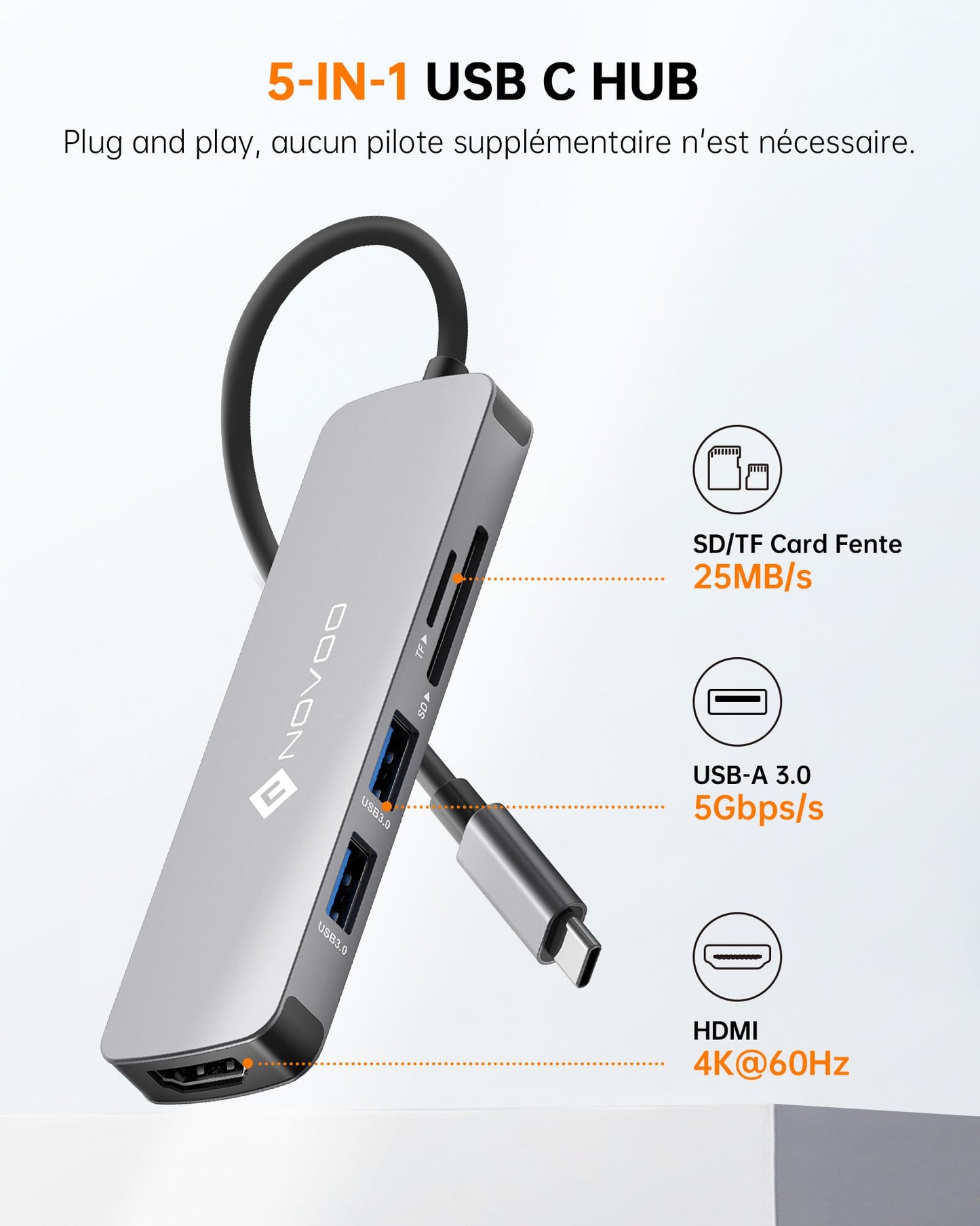 NOVOO Hub USB-C vers HDMI 4K, Lecteur de Carte SD & Micro SD, 2 x USB 3.0, Adaptateur en Aluminium pour MacBook Pro, New MacBook, ChromeBook Pixel, Matebook PC Tablette Type-C