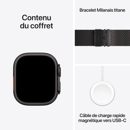 Apple Watch Ultra 2 (49 mm GPS + Cellular) Montre de Sport connectée avec Boîtier en Titane Noir et Bracelet Milanais Titane Noir (Medium). Suivi de l’activité, GPS Haute précision, Neutre en Carbone