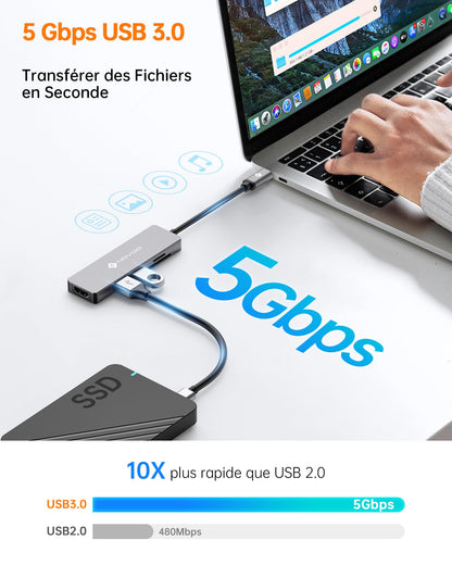 NOVOO Hub USB-C vers HDMI 4K, Lecteur de Carte SD & Micro SD, 2 x USB 3.0, Adaptateur en Aluminium pour MacBook Pro, New MacBook, ChromeBook Pixel, Matebook PC Tablette Type-C