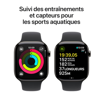 Apple Watch Series 10 (46 mm GPS + Cellular) Montre connectée avec Boîtier en Titane Ardoise et Bracelet Sport Noir (S/M). Suivi de l’activité Physique, app ECG, écran Retina Toujours activé