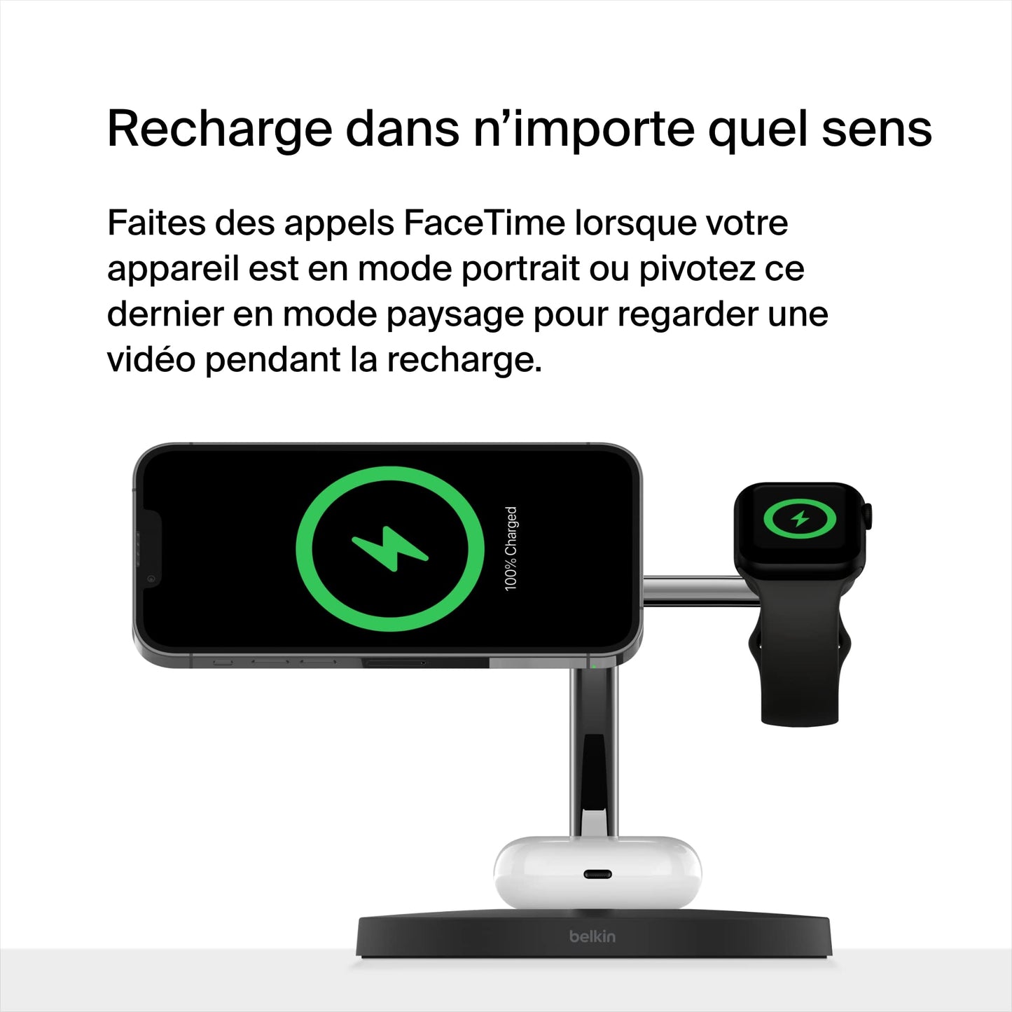 Belkin Chargeur magnétique 3-en-1 MagSafe, 15 W, chargeur sans fil, recharge rapide d'iPhone, d'Apple Watch et d'AirPods, chargeur MagSafe sans fil pour iPhone 16, 15, 14, 13, Apple Watch et AirPods