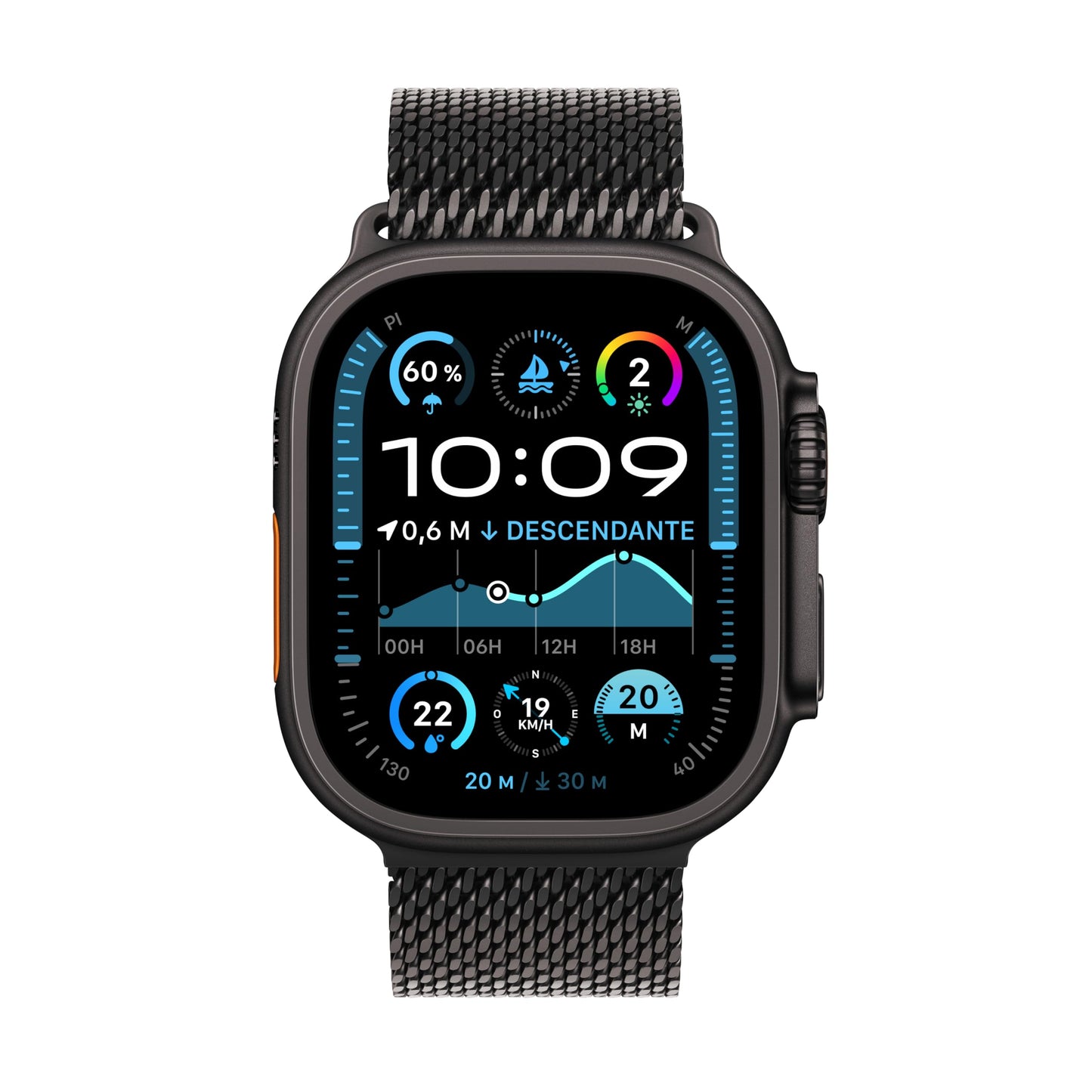 Apple Watch Ultra 2 (49 mm GPS + Cellular) Montre de Sport connectée avec Boîtier en Titane Noir et Bracelet Milanais Titane Noir (Medium). Suivi de l’activité, GPS Haute précision, Neutre en Carbone