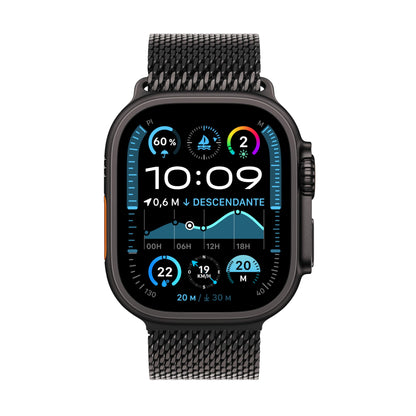 Apple Watch Ultra 2 (49 mm GPS + Cellular) Montre de Sport connectée avec Boîtier en Titane Noir et Bracelet Milanais Titane Noir (Medium). Suivi de l’activité, GPS Haute précision, Neutre en Carbone