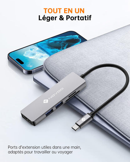 NOVOO Hub USB-C vers HDMI 4K, Lecteur de Carte SD & Micro SD, 2 x USB 3.0, Adaptateur en Aluminium pour MacBook Pro, New MacBook, ChromeBook Pixel, Matebook PC Tablette Type-C