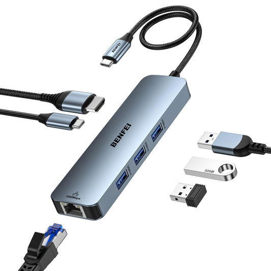 BENFEI HUB USB C 6-en-1 avec HDMI(4K@60Hz), Gigabit Ethernet, 100W PD, 3*USB 3.0, câble en Silicone, boîtier en Aluminium Compatible avec iPhone 16/15 Pro/Max, MacBook, iPad Pro, iMac, S23, XPS17