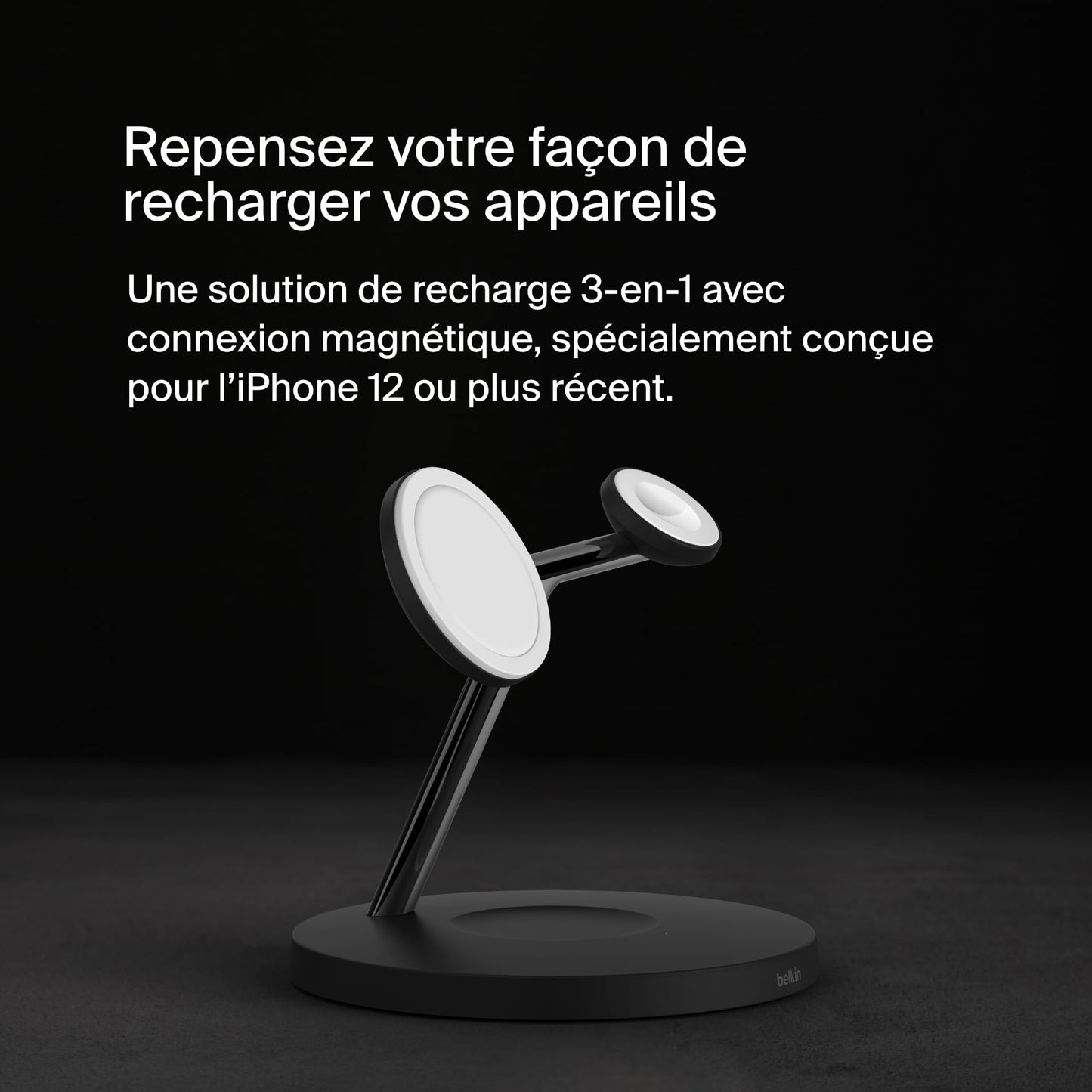 Belkin Chargeur magnétique 3-en-1 MagSafe, 15 W, chargeur sans fil, recharge rapide d'iPhone, d'Apple Watch et d'AirPods, chargeur MagSafe sans fil pour iPhone 16, 15, 14, 13, Apple Watch et AirPods