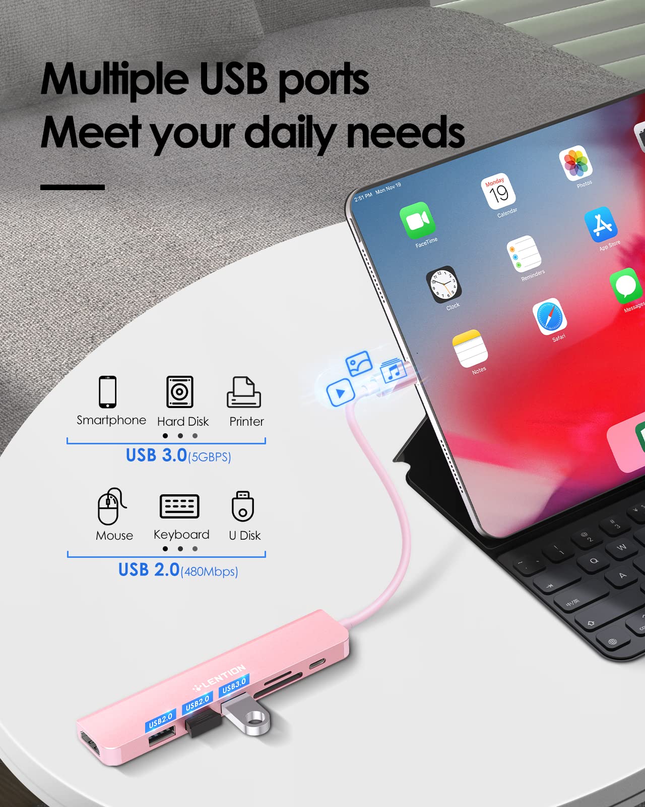 LENTION Hub USB C avec Charge PD 100W HDMI 4K Lecteur de Carte SD/Micro SD USB 3.0 Adaptateur USB C Compatible 2024-2016 MacBook Pro/Mac Air M1/M2 Chromebook iPad Plus d'appareils de Type C(CE18 Rose)