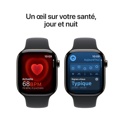 Apple Watch Series 10 (46 mm GPS + Cellular) Montre connectée avec Boîtier en Titane Ardoise et Bracelet Sport Noir (S/M). Suivi de l’activité Physique, app ECG, écran Retina Toujours activé