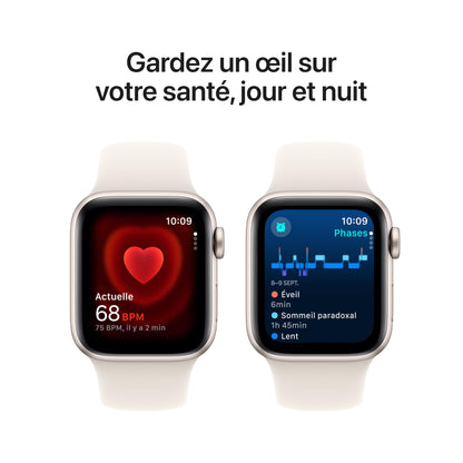 Apple Watch SE (2ᵉ génération) 40 mm GPS Montre connectée avec Boîtier en Aluminium lumière stellaire et Bracelet Sport lumière stellaire (S/M). Suivi activité et Sommeil, détection Accidents