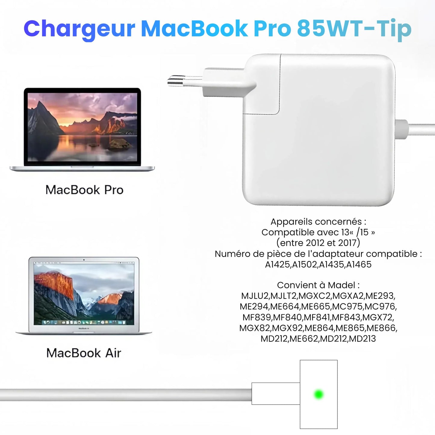 AILKIN Chargeur Mac Book, 85W T-Tip Chargeur Mac pour Mac Book Pro Chargeur pour MacBook Pro 13 Pouces MacBook Pro 15 Pouces MacBookPro 17 Pouces Modèle A1424 A1398 A1425 A1502 A1435 A1465