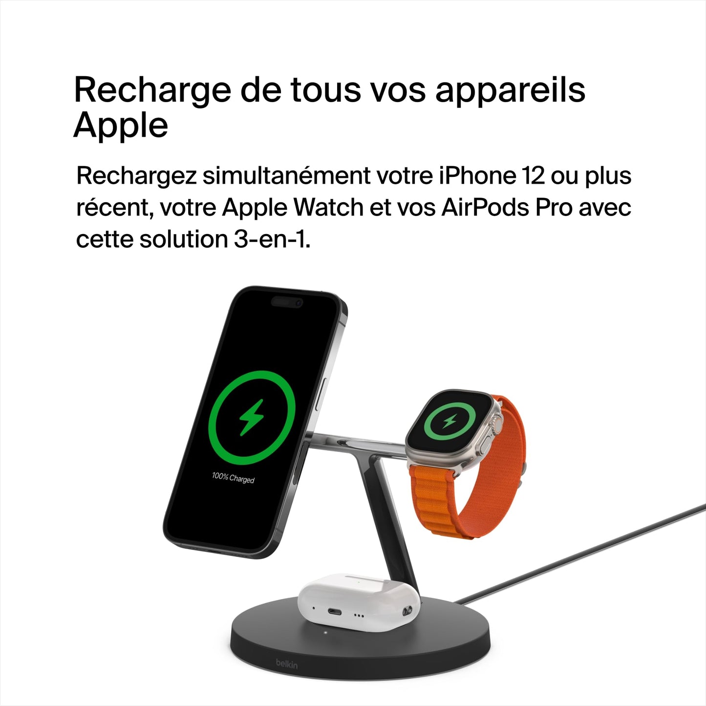 Belkin Chargeur magnétique 3-en-1 MagSafe, 15 W, chargeur sans fil, recharge rapide d'iPhone, d'Apple Watch et d'AirPods, chargeur MagSafe sans fil pour iPhone 16, 15, 14, 13, Apple Watch et AirPods