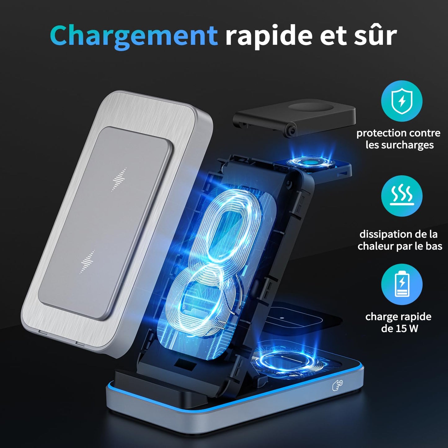 Station de Charge Apple, Chargeur 3 en 1 Apple pour Iphone 15/14/13/12/11/Pro/Max/Xs/Xr/X/Plus, Station de Charge Samsung et Watch Iphone, Chargeur Induction Iphone sans Fil