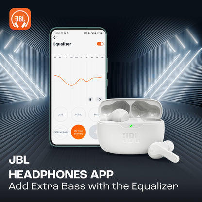 JBL Wave Beam, Écouteurs Intra-Auriculaires sans Fil, Résistance à l'Eau IP54 et IPX2, Appels Mains Libres et Batterie à Autonomie de 32 heures, en Blanc