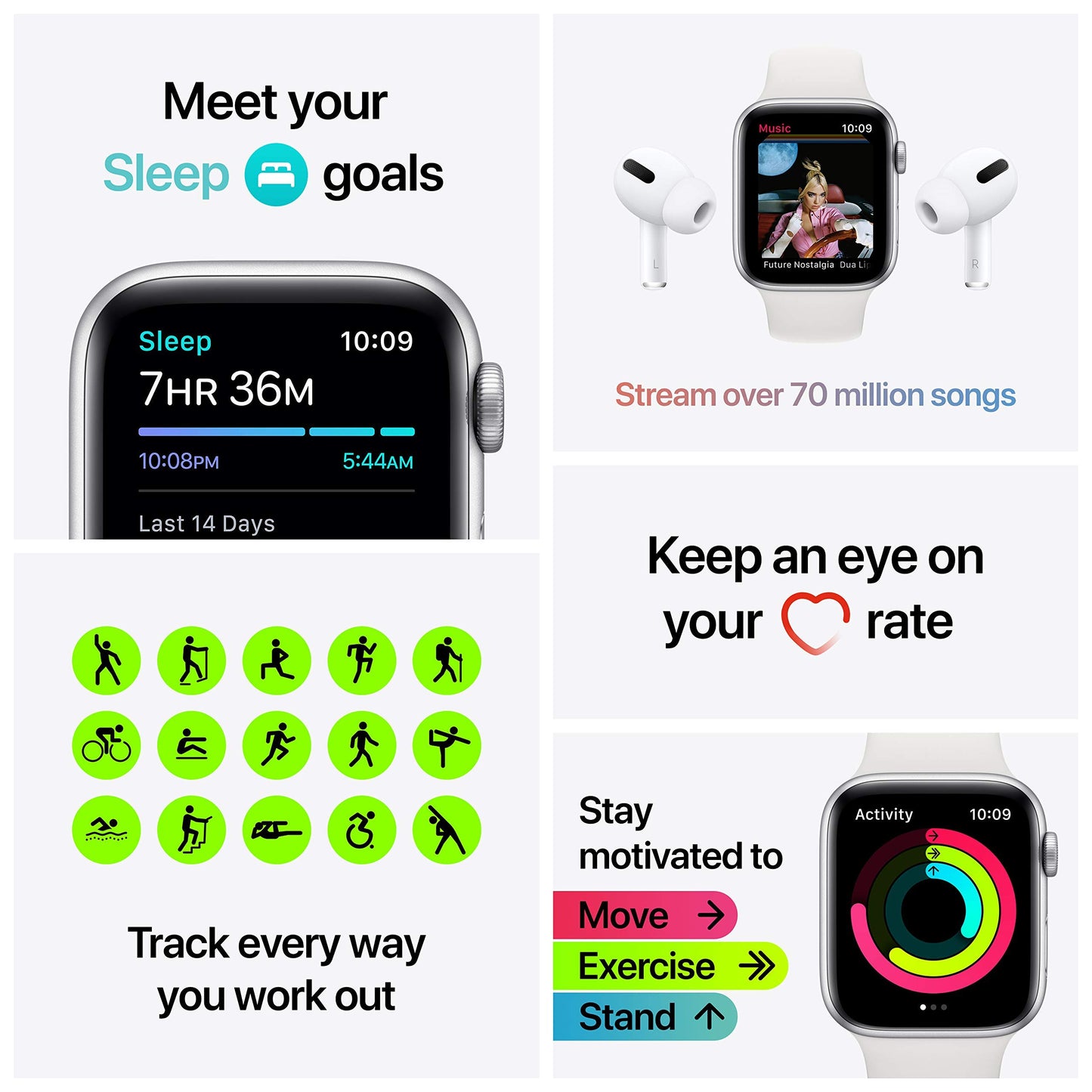 Apple Watch SE 2020 (GPS, 44MM) Boîtier en Aluminium Argent avec Bracelet Sport Blanc (Reconditionné)