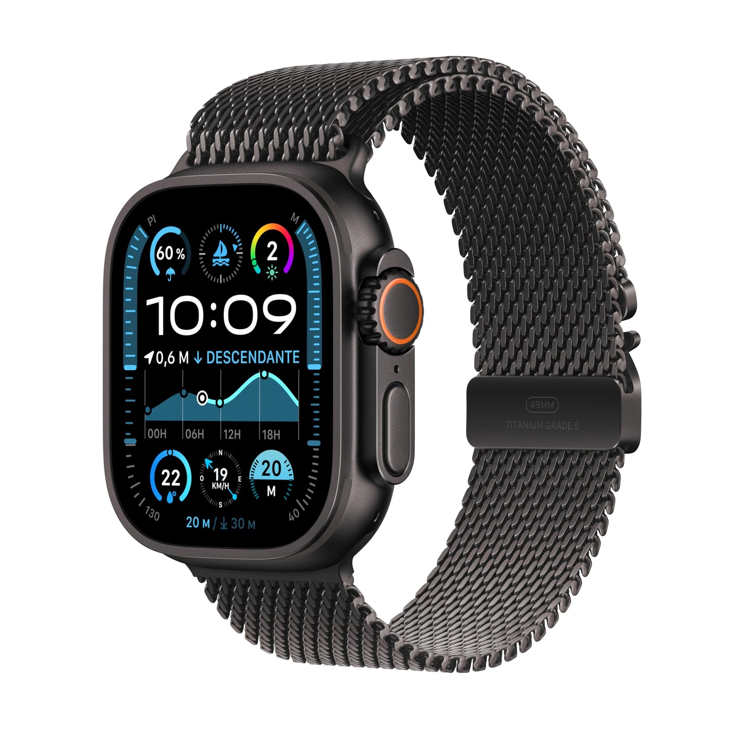 Apple Watch Ultra 2 (49 mm GPS + Cellular) Montre de Sport connectée avec Boîtier en Titane Noir et Bracelet Milanais Titane Noir (Medium). Suivi de l’activité, GPS Haute précision, Neutre en Carbone