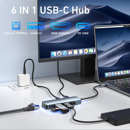 BENFEI HUB USB C 6-en-1 avec HDMI(4K@60Hz), Gigabit Ethernet, 100W PD, 3*USB 3.0, câble en Silicone, boîtier en Aluminium Compatible avec iPhone 16/15 Pro/Max, MacBook, iPad Pro, iMac, S23, XPS17